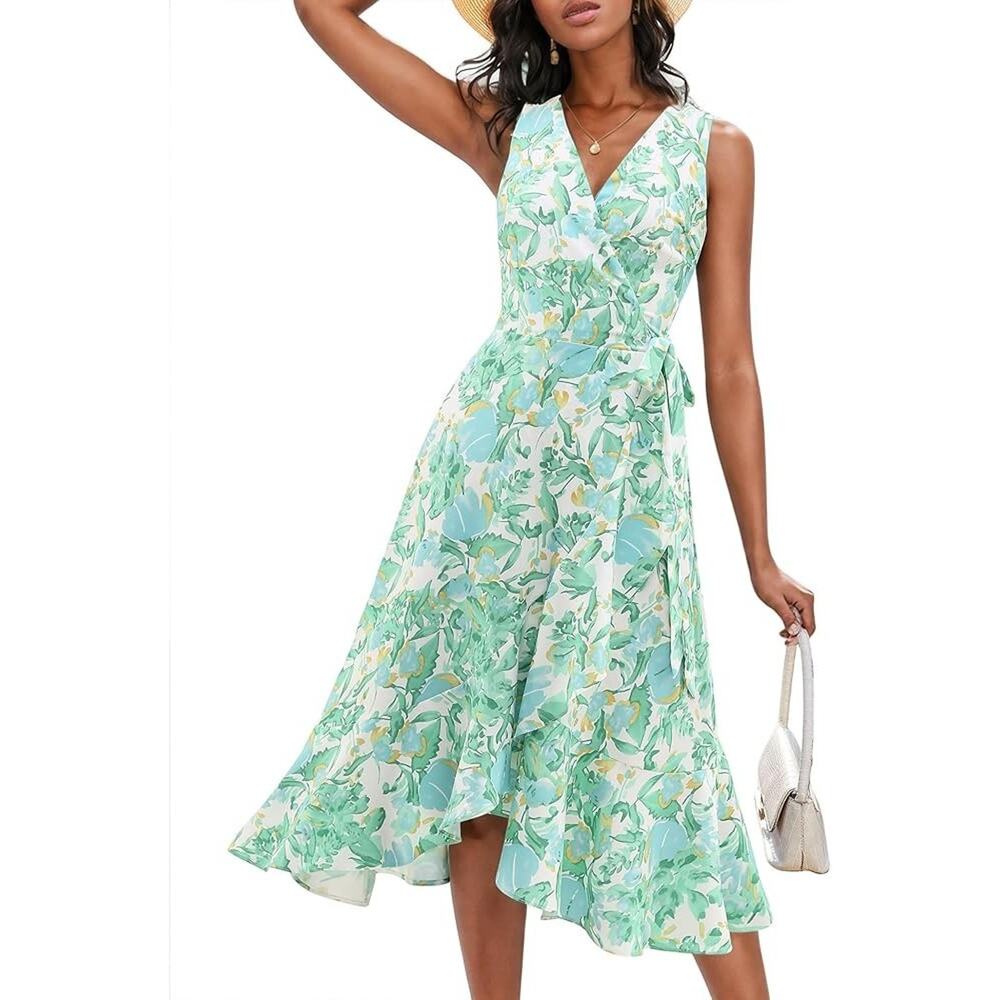 Dressystar Women's Floral V Neck Wrap Boho Dress Sleevless Maxi Dress Size S New